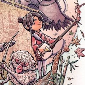 May include: A colorful illustration of a Japanese-inspired scene with a girl playing a musical instrument, a monkey, a samurai, and a skull. The scene is set against a backdrop of a mountain and a full moon.