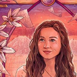 May include: A tarot card illustration of The Star card, featuring a woman with long brown hair sitting with a book in front of her. She is surrounded by white flowers and a pink background. The card is framed in gold and has the Roman numeral XVII at the top and bottom.