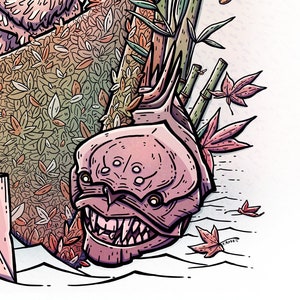 May include: A pink and purple monster with sharp teeth and large eyes is surrounded by green bamboo and red and orange leaves. The monster is in a cartoon style and has a menacing expression.