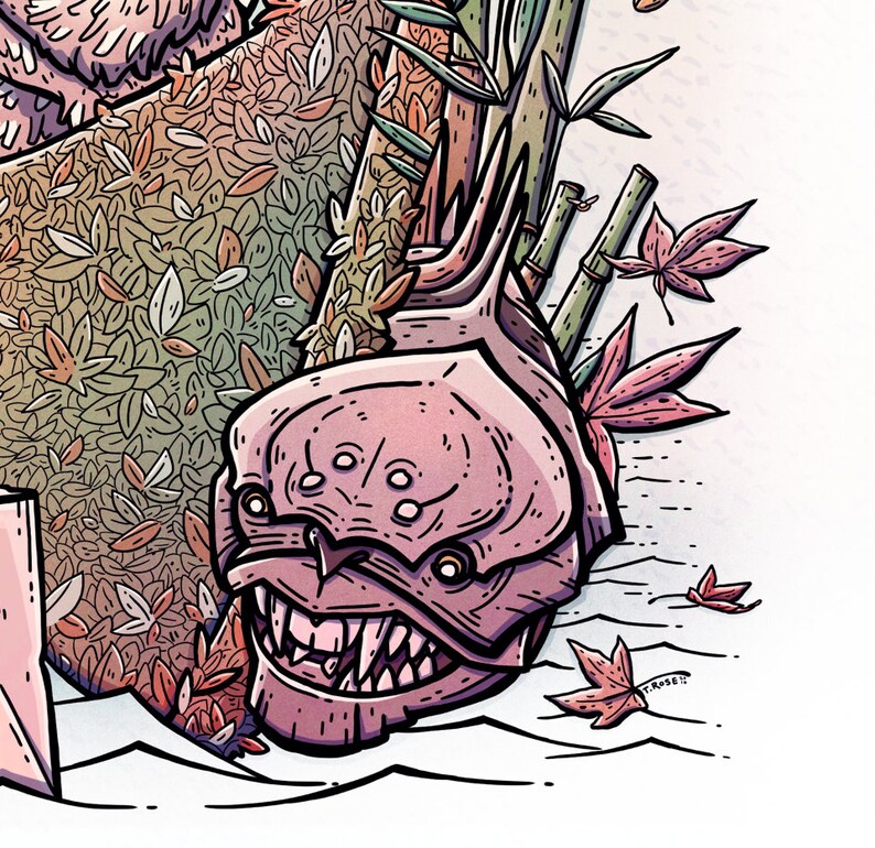 May include: A pink and purple monster with sharp teeth and large eyes is surrounded by green bamboo and red and orange leaves. The monster is in a cartoon style and has a menacing expression.