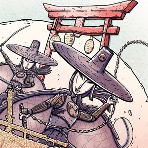 May include: Two women in black clothing and wide-brimmed hats ride on a large, white, crescent moon-shaped object. They hold swords and chains. A red torii gate with hanging lanterns is in the background.