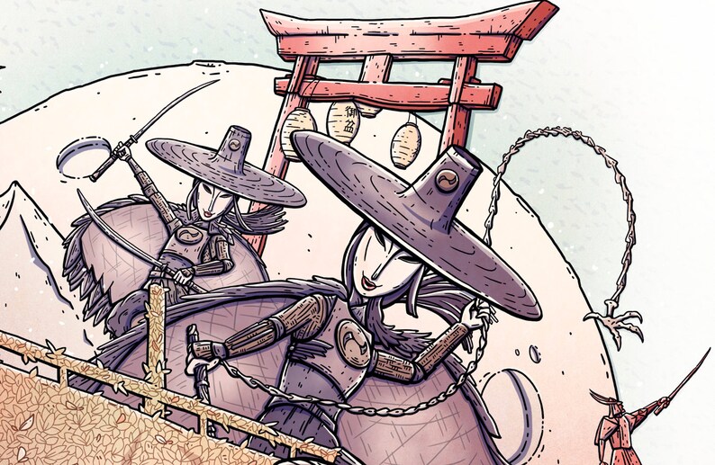 May include: Two women in black clothing and wide-brimmed hats ride on a large, white, crescent moon-shaped object. They hold swords and chains. A red torii gate with hanging lanterns is in the background.
