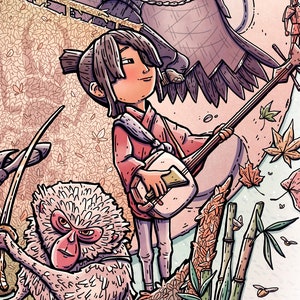 May include: A colorful illustration of a young person playing a traditional Japanese instrument, a shamisen, with a monkey and a background of falling leaves.