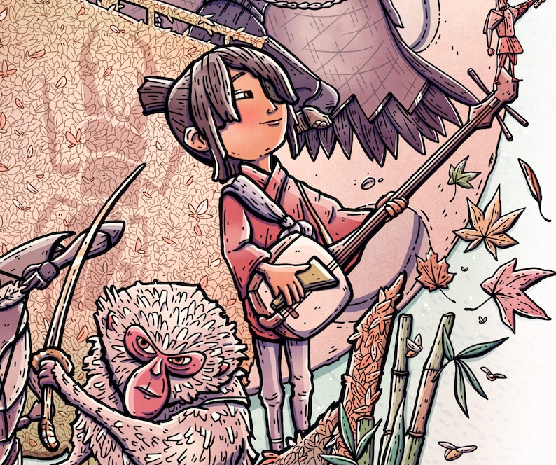 May include: A colorful illustration of a young person playing a traditional Japanese instrument, a shamisen, with a monkey and a background of falling leaves.