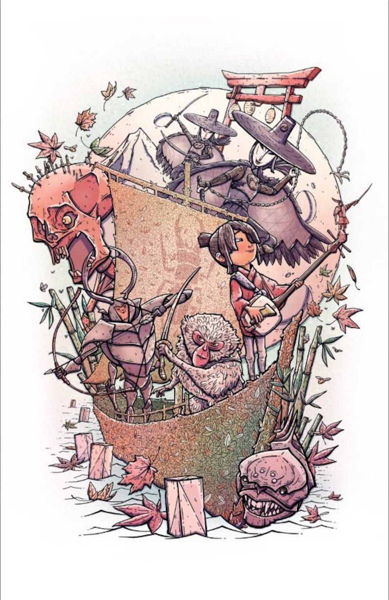 May include: A colorful illustration of a Japanese-inspired scene with a girl playing a musical instrument, a monkey, a samurai, and a skull. The scene is set against a backdrop of a mountain and a full moon.