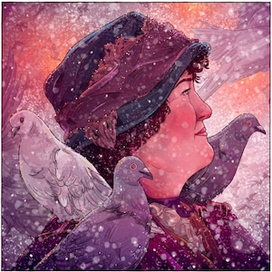 May include: An illustration of a person in profile, wearing a dark hat with a feathered brim, surrounded by pigeons. The artwork is rendered in shades of purple, pink, and white, with a snowy effect. The pigeons are perched on the person's shoulders and in the background.