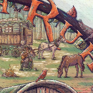 Op de afbeelding: Een fantasievolle illustratie van een door paarden getrokken wagen in een bosrijke omgeving. De wagen is van hout met een wit dak en ramen. Twee figuren spelen muziek bij een kampvuur. Het woord "Avontuur" staat in grote, gestileerde letters bovenaan de afbeelding.
