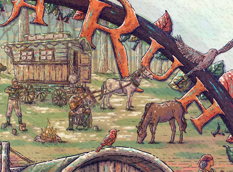 Op de afbeelding: Een fantasievolle illustratie van een door paarden getrokken wagen in een bosrijke omgeving. De wagen is van hout met een wit dak en ramen. Twee figuren spelen muziek bij een kampvuur. Het woord "Avontuur" staat in grote, gestileerde letters bovenaan de afbeelding.