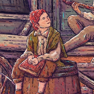 Op de afbeelding: Een jong persoon met rood haar zit op een houten vat en houdt een gesloten boek op schoot. Ze dragen een bruin en groen jack en een bruine broek. De persoon kijkt omhoog en naar rechts.