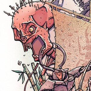 May include: A detailed illustration of a skeletal figure with a large, open jaw, holding a bow and arrow. The figure is wearing a helmet with horns and is standing in front of a background of bamboo stalks and a floral pattern.