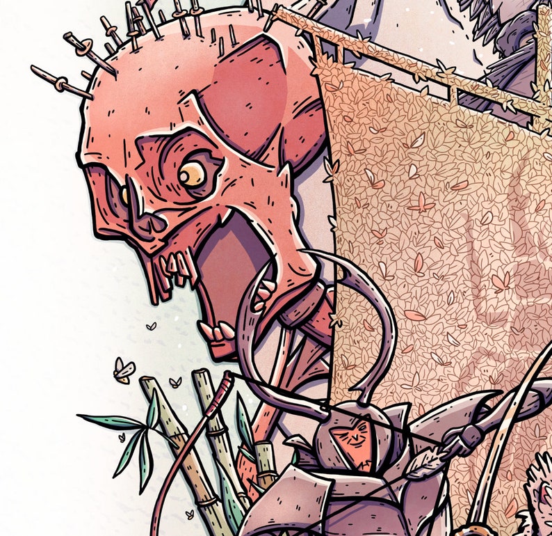 May include: A detailed illustration of a skeletal figure with a large, open jaw, holding a bow and arrow. The figure is wearing a helmet with horns and is standing in front of a background of bamboo stalks and a floral pattern.