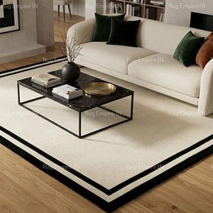 9x12 Off White Bordered Area Rug, Hand Tufted Wool Carpet, Cream Black Double Border Living Room Rug, Custom Artisan Handmade Rug