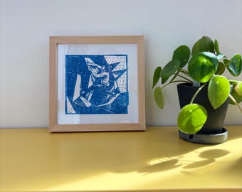 Bouldering Linocut Print – Handmade Climbing Wall Art – Unique Gift for Climbers ,Blue Boulder‘