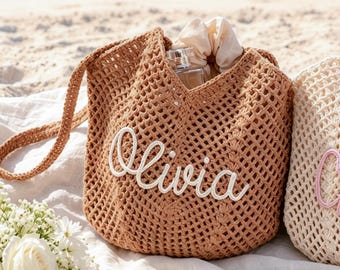 Custom Name Crochet Tote Bag, Personalized Knitted Travel Tote, Lightweight Everyday Bag, Summer Vacation Bag, Bridesmaid Gift