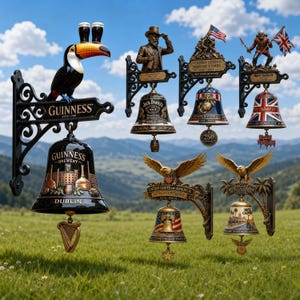 Puede incluir: Colección de campanas decorativas de metal con varios diseños. Incluye una campana Guinness con un tucán, una campana Jack Daniel's, una campana Marine Corps, una campana Iron Maiden y campanas con temas patrióticos.