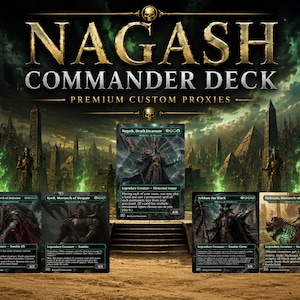 May include: A Nagash Commander Deck set featuring 112 premium custom proxy cards. The display shows various dark fantasy character cards with green glowing accents, set against a backdrop of stone obelisks and a skull-themed header text.