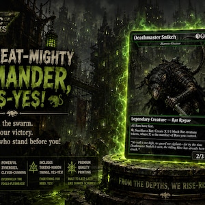 May include: A Magic: The Gathering card featuring Deathmaster Snikch, a black-bordered legendary rat rogue creature card with 2/3 stats. The card is displayed on a stone pedestal surrounded by green magical energy against a dark, gothic city background.