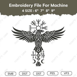 Nordic Raven Embroidery Design Viking Bird Celtic Knot Vegvisir Norse Pagan Machine Embroidery Pattern Gothic Tribal Blackwork Hoop Art
