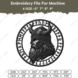 Può includere: Un file di ricamo digitale in bianco e nero raffigurante un guerriero vichingo con elmo cornuto, racchiuso in un bordo circolare di simboli runici. Il testo recita Embroidery File For Machine, 4 SIZE : 6" 7" 8" 9" e vari formati di file.