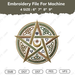 Celtic Pentagram Star Embroidery Design, Pagan Witchcraft Symbol Machine Embroidery File,  Pentacle Moon Magic Applique  (Instant Download)