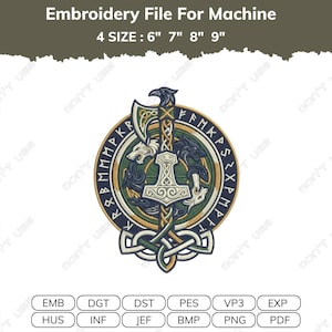 Può includere: Un file di ricamo con un martello di Mjolnir e un'ascia da battaglia, circondati da teste di lupo e un bordo circolare con rune. Il testo in alto recita Embroidery File For Machine 4 SIZE : 6" 7" 8" 9". Formati: EMB, DGT, DST, PES, VP3, EXP, HUS, INF, JEF, BMP, PNG, PDF.