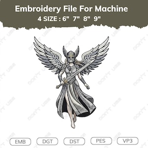 May include: An embroidery file for machine featuring a winged warrior in a helmet holding a sword. Text reads: Embroidery File For Machine, 4 SIZE : 6" 7" 8" 9". The design includes intricate knotwork patterns on the wings and clothing in shades of grey.