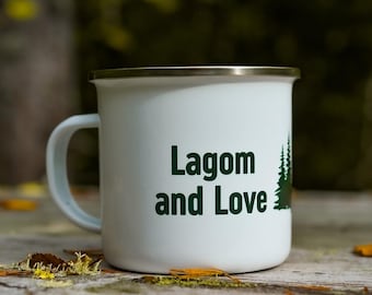 Lagom and Love Enamel Mug · Lagom Hemma Merch · Forest Deer Moon Coffee Mug · Scandinavian Nature Gift Green