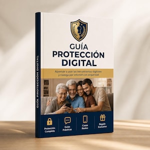 Puede incluir: Un libro titulado "GUÍA PROTECCIÓN DIGITAL" con una foto familiar en la portada. La portada presenta un logotipo de escudo y texto en español, promoviendo la protección digital y el uso seguro de Internet. Hay iconos y texto adicionales.