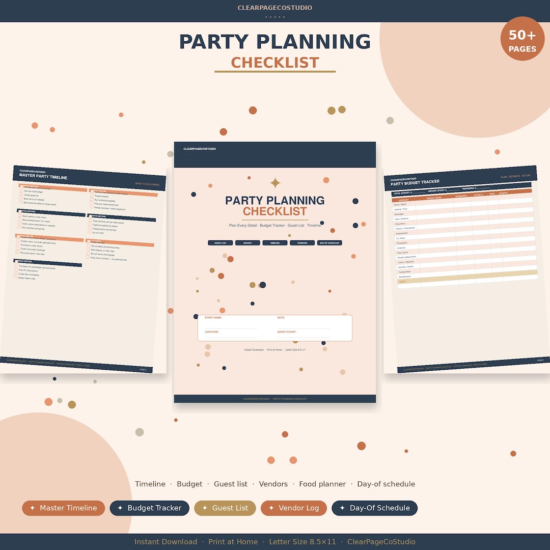 Party Planning Checklist Printable — Budget Tracker, Guest List & Day ...