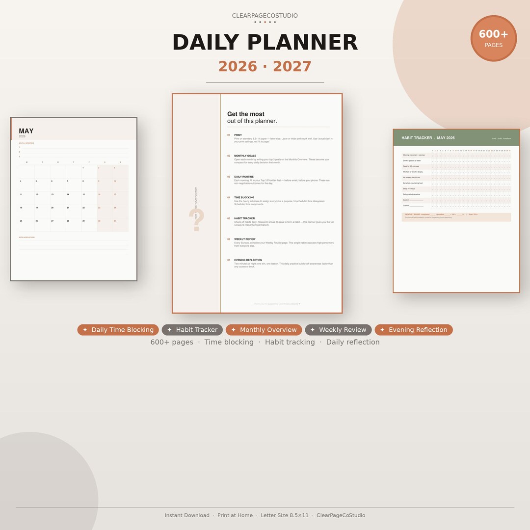 2026 2027 Daily Planner Printable | Daily Productivity Planner | Time