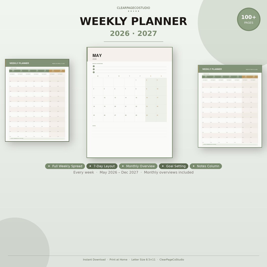 2026 2027 Weekly Planner Printable | Weekly Spread Planner | Printable