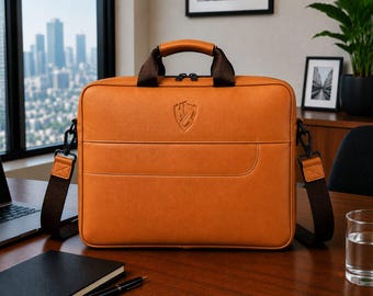 Full Grain Leather Laptop Briefcase, Tan Brown Business Messenger Bag, Office Satchel