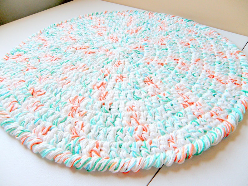 White W Aqua C Crocheted Round Bath Rug Thick Cotton