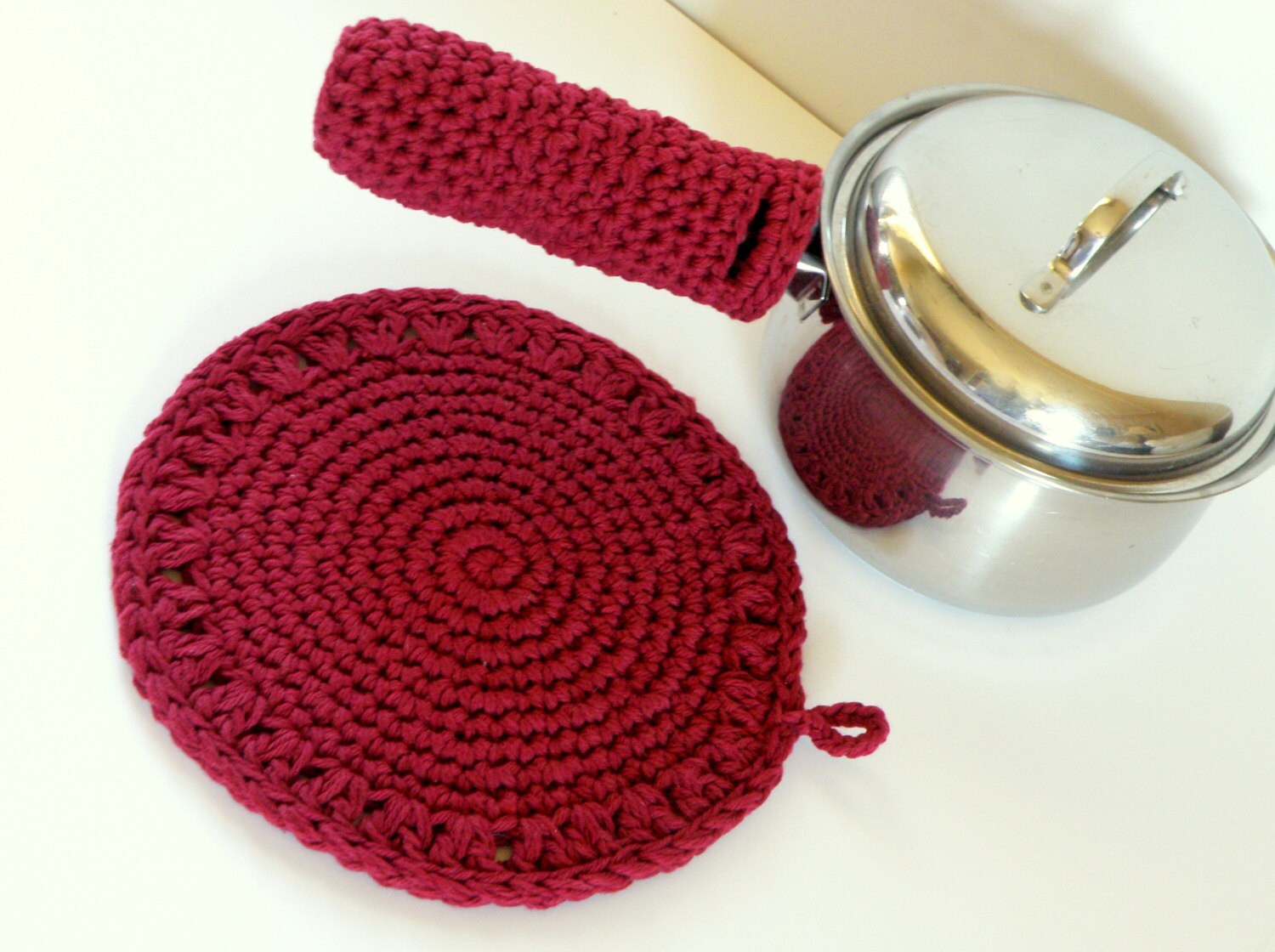 Red Pot Holder gift Set Cotton Potholder & Pan Handle Cover Etsy