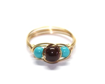 Glass beaded ring in turquoise and brown, gold toned wire wrapped, any size, simple everyday jewelry