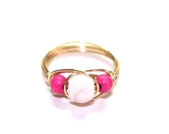 Howlite bead ring in pink and white, gold tone or 14K gold filled wire wrapped, any size, semi precious bead ring