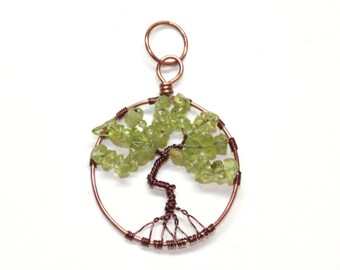 Tree of life pendant in light green with antique copper wire and peridot gemstone nugget beads, wire wrapped gemstone pendant