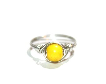 Howlite beaded ring in yellow, silver toned wire wrapped, any size, more colors available