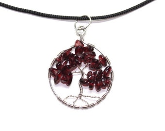 Tree of life pendant in dark red with silver toned wire and garnet nugget beads, wire wrapped gemstone pendant