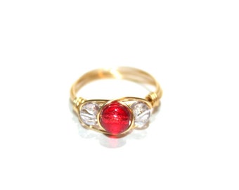 Glass beaded ring in red and white, gold toned wire wrapped, any size, simple everyday jewelry
