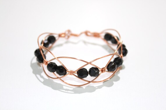 Wire Wrapped Bangle With Copper Wire and Black Acrylic Beads | Etsy