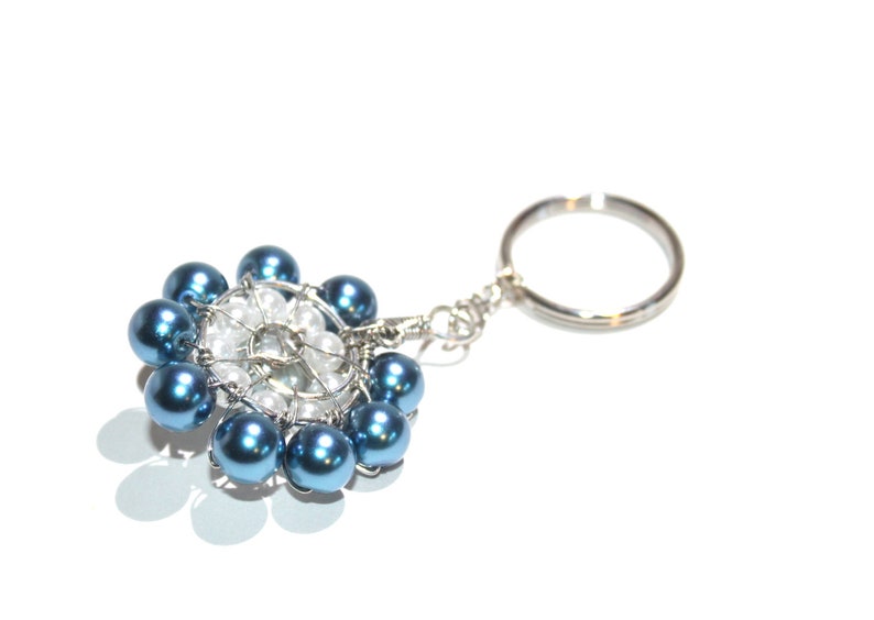 Wire wrap keychain in blue and white glass pearl beads flower Etsy