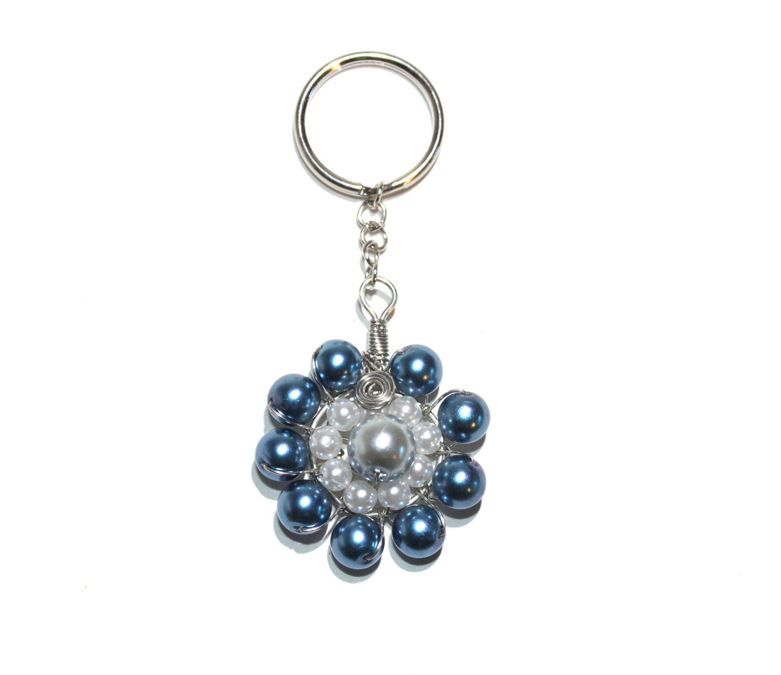 Wire wrap keychain in blue and white glass pearl beads flower Etsy