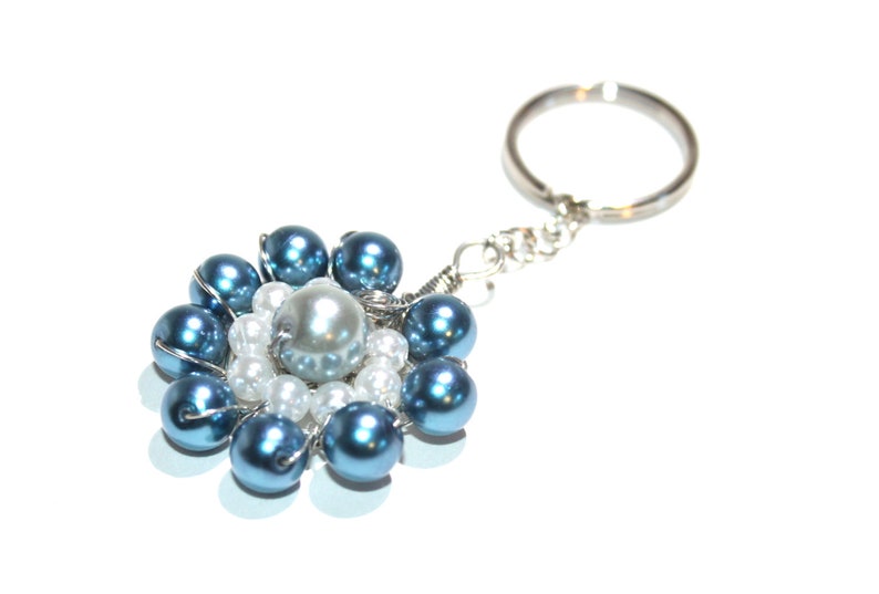 Wire wrap keychain in blue and white glass pearl beads flower Etsy
