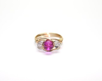 Wire beaded ring in white and purple, gold toned wire wrapped, any size, more materials available