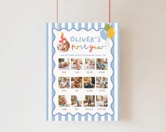 May include: A vertical poster with a blue and white striped border featuring the text Oliver's first year, a photo of a baby in a party hat, and twelve smaller photos labeled one through twelve, with birth details June 25th 2025, 8:35 in the evening, 6 lbs. 7 oz.