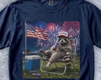 Patriotic Raccoon Fourth Of July Graphic Tee, Independence Day Party Shirt, 4th July Fireworks Merica Top Gift