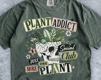 Botanical Skull Graphic Tee, Retro Plant Addict Social Club Shirt, Gardening Enthusiast Top, Just One More Plant Gift