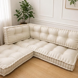 L-Förmiges Bodenkissen-Set | Wasserdichtes getuftetes Sitzsofa | Kundenspezifische handgemachte Couch