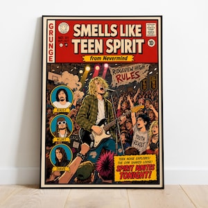 Può includere: Un poster rettangolare progettato come una copertina di un fumetto intitolata Smells Like Teen Spirit from Nevermind. Presenta un'illustrazione centrale di una band che si esibisce in una palestra, con ritratti circolari di Krist, Kurt e Dave.